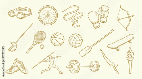 Diverse Athletic Equipment and Activities Sketch Pattern on Light Background Design