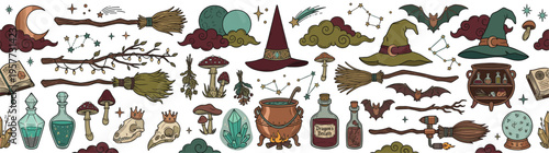 Hand-drawn Halloween Witchcraft Elements Seamless Pattern isolated on white, perfect for spooky season backgrounds, magical designs, and mystical autumn holiday decorations.