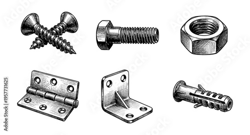 Collection of assorted hardware items including screws, bolt, nut, hinge, bracket, and anchor