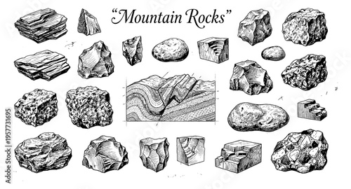 Collection of geological rock samples and cross-section illustrations