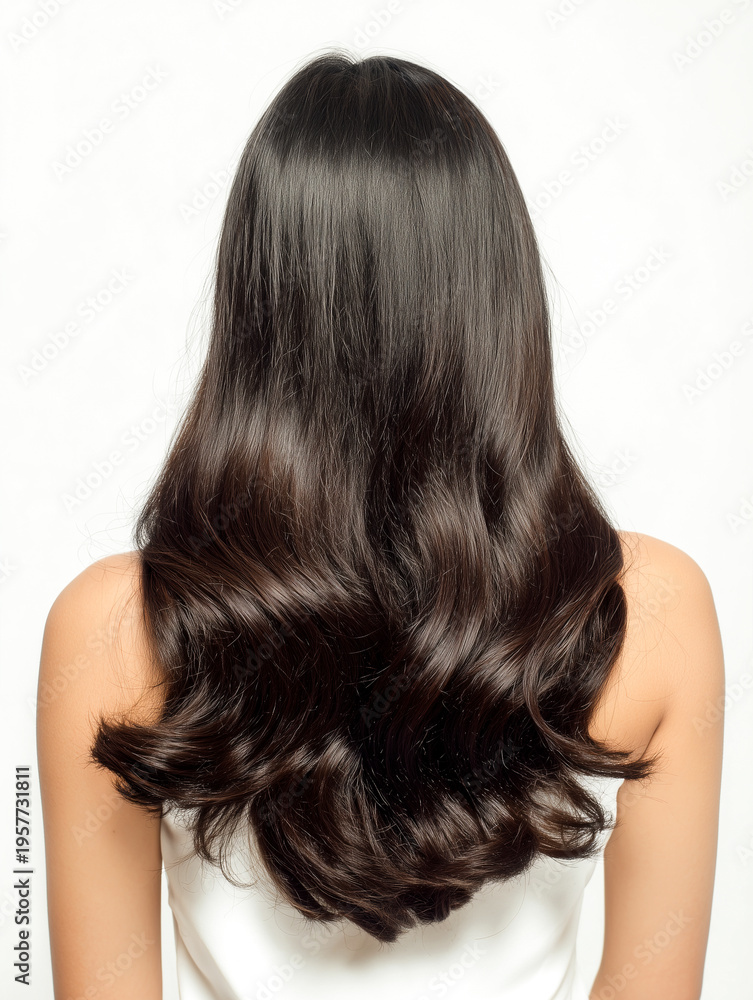 Fototapeta premium Back view of a woman with long, shiny dark brown wavy hair. Beautiful silky tresses with elegant curls and radiant highlights, concept of hair care, salon styling, and healthy hair