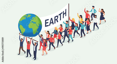 People Holding Earth Flag Together.