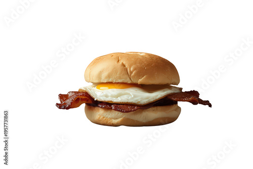 Delicious breakfast burger with fried egg and crisp bacon on a bun, a tasty morning meal for energy