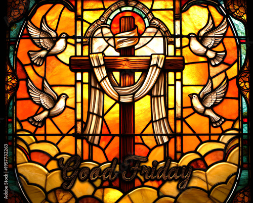 Vibrant stained glass cross with doves for good friday celebration
