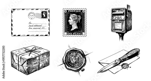 Vintage postal service elements including envelope, stamp, mailbox, parcel, and letter opener