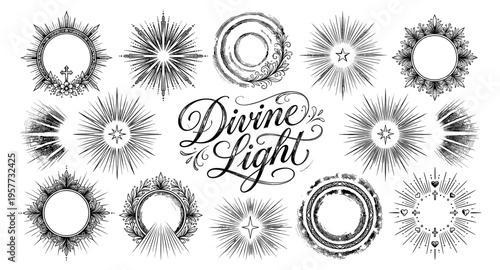 Collection of divine light bursts and ornate circular frames with religious symbols