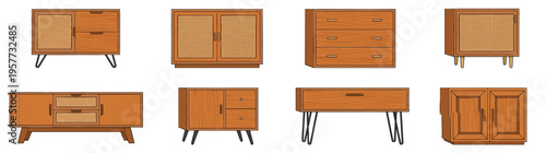 Set of modern wooden furniture illustrations featuring various sideboards, dressers, and storage cabinets with contemporary designs for home decor projects, isolated on white.