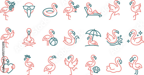 Collection of charming line art flamingo icons depicting various fun summer vacation and relaxation activities.