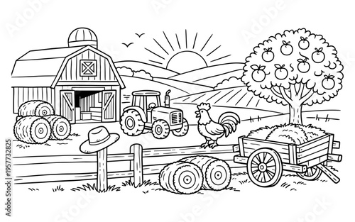 Charming cartoon farm scene with a barn, tractor, hay bales, and a rooster