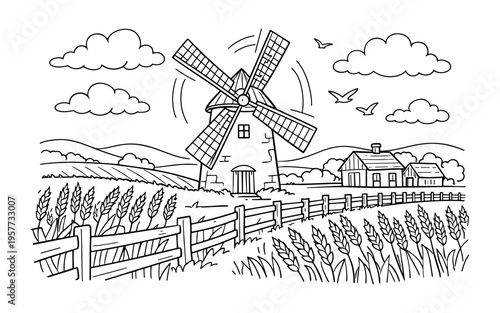 Charming countryside scene with a windmill, wheat fields, and farmhouses