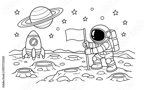 Astronaut plants flag on moon with rocket and planet in background