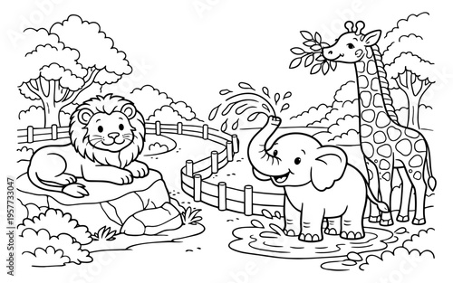 Cute cartoon lion, elephant, and giraffe enjoying themselves in a zoo enclosure