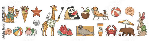 Cute cartoon animals enjoying summer vacation activities like sunbathing, eating ice cream, and taking selfies, isolated on white for various design projects.