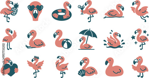 A charming collection of cartoon flamingos, showcasing various poses and summer activities, perfect for tropical designs.