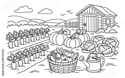 Whimsical cartoon farm scene with abundant harvest and a charming garden shed