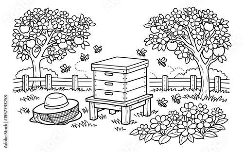 Whimsical illustration of a bee hive surrounded by flowering trees and a beekeeper's hat
