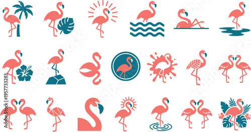 Collection of vibrant flamingo icons showcasing tropical bird poses and stylized designs