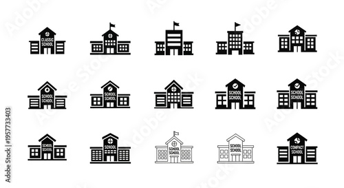 Collection of School Building Icons: Education, Learning, and University Symbols
