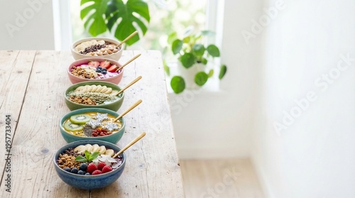 Colorful smoothie bowls aligned on one side, bright background, clean minimal layout, copy space