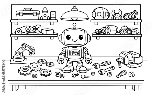 Cute cartoon robot in a workshop surrounded by tools and parts