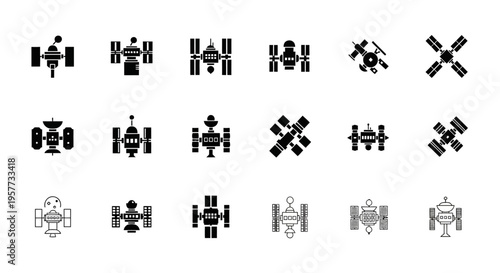 Space Satellite Icons Set: Orbiting Technology, Communication, and Exploration
