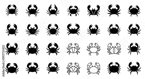 Crab Icons Set: Silhouette and Outline Vector Illustrations of Marine Crustaceans