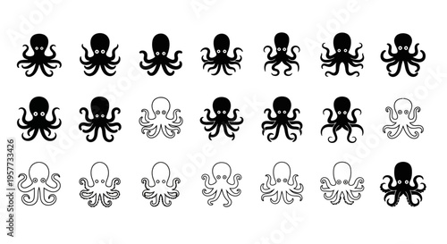 Collection of Black Octopus Icons on White Background - Vector Graphics