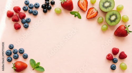 Fresh fruits scattered on pastel background, bright and airy lighting, minimal composition, copy space in center