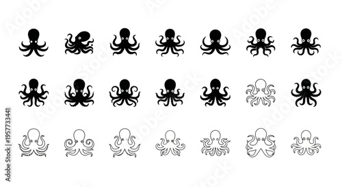 Octopus Icons Set: Black Silhouettes and Line Art on White Background