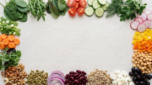 Flat lay of healthy salad ingredients arranged on edges, light background, minimal shadows, copy space