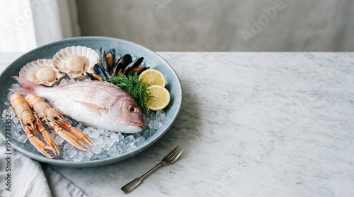Fresh seafood arrangement on ice, cool tones, minimal composition, wide copy space