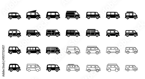 Collection of Van Icons: Diverse Vehicle Silhouettes for Transport and Travel Concepts