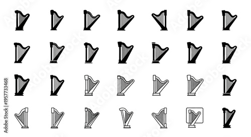 Harp Icon Set: Diverse Musical Instrument Illustrations