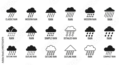 Rain Icons Set: Different Styles of Clouds and Raindrops for Weather Forecasts