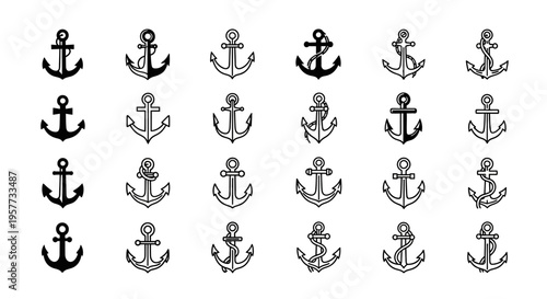 Collection of Nautical Anchors Icons, Marine Symbols, Vector Set
