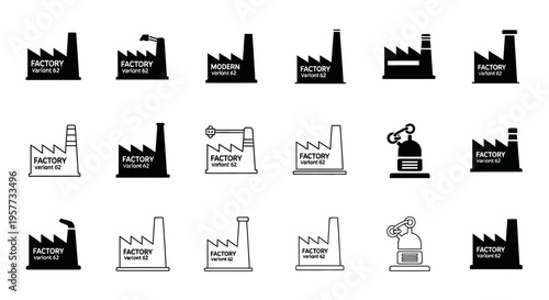 Factory Icons Set: Industrial Building Symbols, Manufacturing Plant Silhouettes
