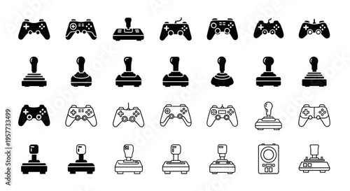 Collection of Video Game Controllers and Joysticks Icons, Retro and Modern Gaming Input Devices