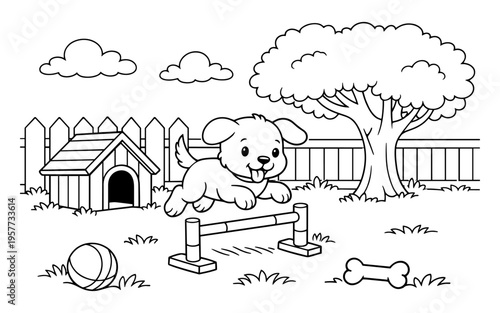 Cute cartoon puppy jumping over agility hurdle in a backyard setting
