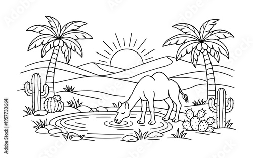 Desert oasis scene with a camel drinking water under palm trees and cacti