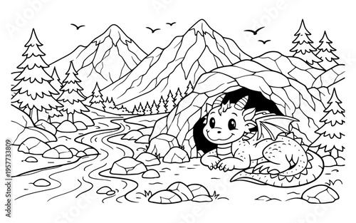 Cute cartoon dragon peeking out of a cave in a mountainous landscape with a river