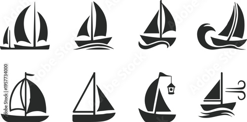 sailboat icon set eight black and white vector silhouettes