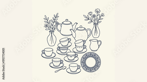 Line drawing still life of a cozy tea party with teapot, teacups, plates, pastries and flowers