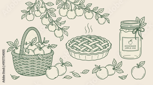 Hand-drawn vintage still life featuring a basket of apples, a lattice pie, and a jam jar among leafy sprigs.