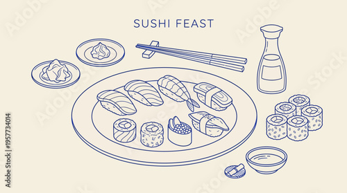 Line art sushi feast featuring an assorted nigiri and maki platter with chopsticks, soy sauce and dipping dishes
