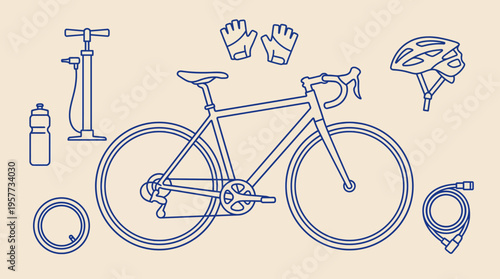 Line art illustration of a bicycle with maintenance tools and accessories, including helmet, pump, water bottle, gloves, tires, and chain