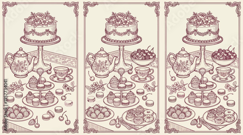 Three-panel vintage line-art illustration of an elaborate dessert display with layered cakes, pastries, and fruit on ornate stands