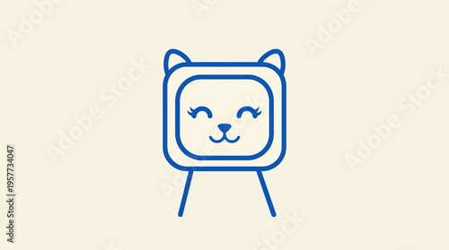 A cute blue line-art cat mascot with a smiling face on a pale beige background.