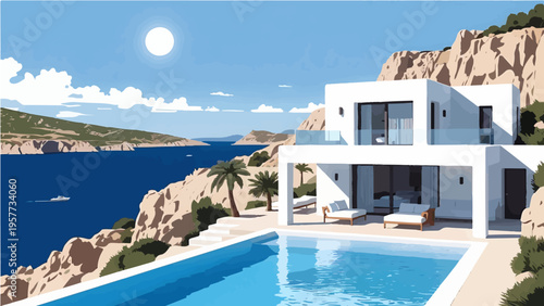 Luxury vector illustration of modern Greek villa with infinity pool by sea under full moon