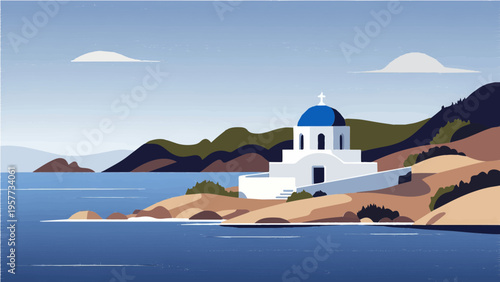 Vector illustration of white Greek church with blue dome on rocky coast by calm blue sea