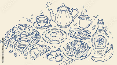 Wholesome breakfast spread with tea, coffee, croissants, pancakes, waffles, toast, berries and syrup in a cozy kitchen illustration